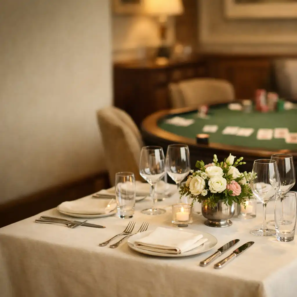 Table élégamment dressée au Salon Châtaigne avec des éléments de poker subtils en arrière-plan