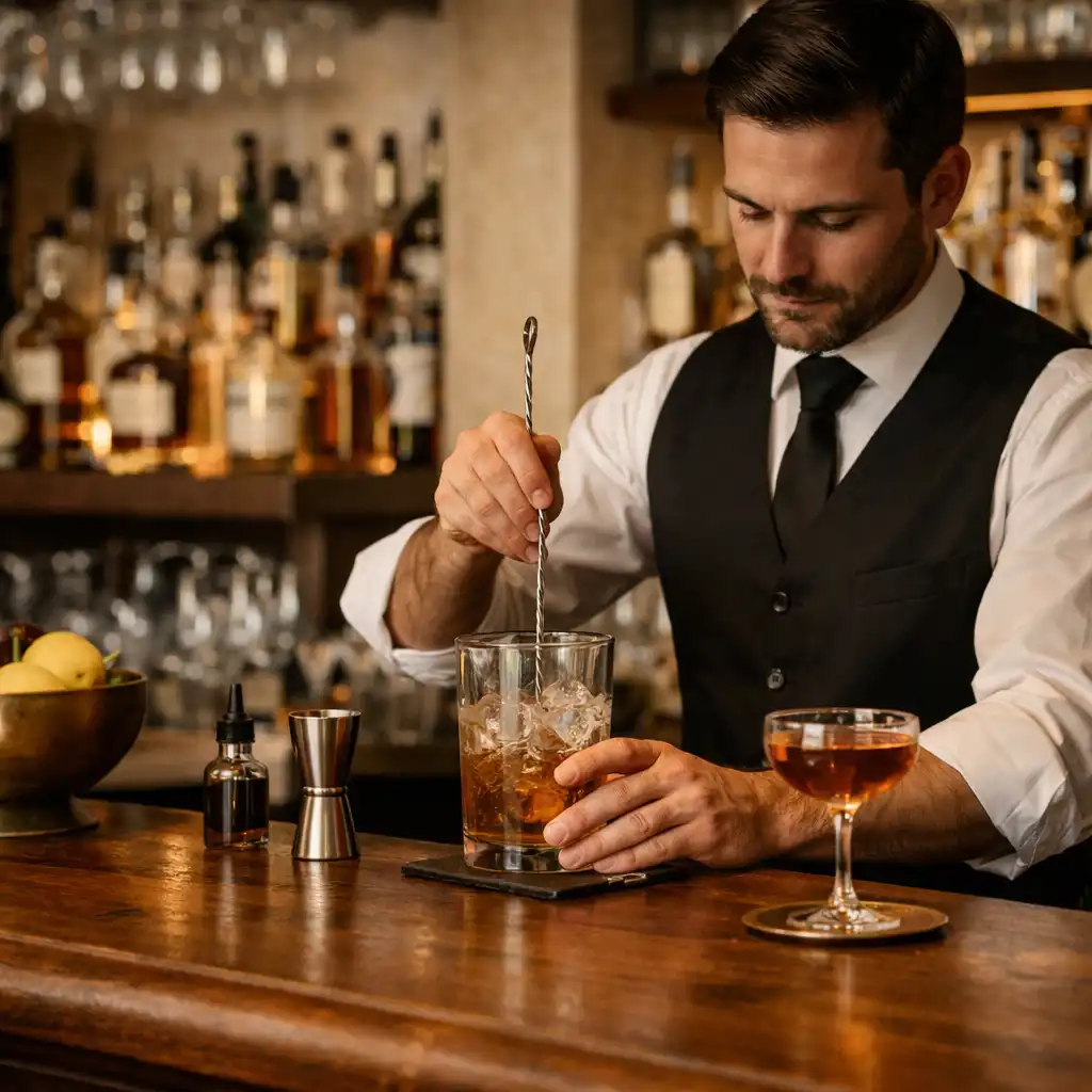 Bar élégant de Salon Châtaigne avec un barman préparant un cocktail dans une ambiance tamisée