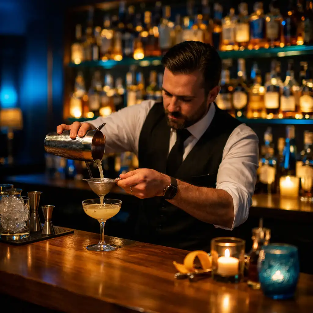 Bar à cocktails du Salon Châtaigne avec comptoir en bois de châtaignier et bouteilles alignées