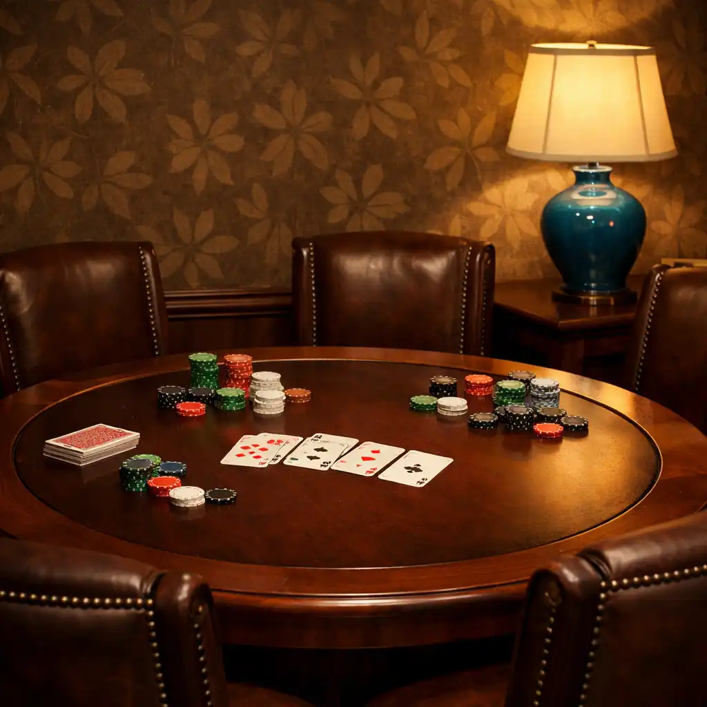Card Room privée avec table de poker ronde en acajou, chaises en cuir brun et lampe en verre bleu céruléen