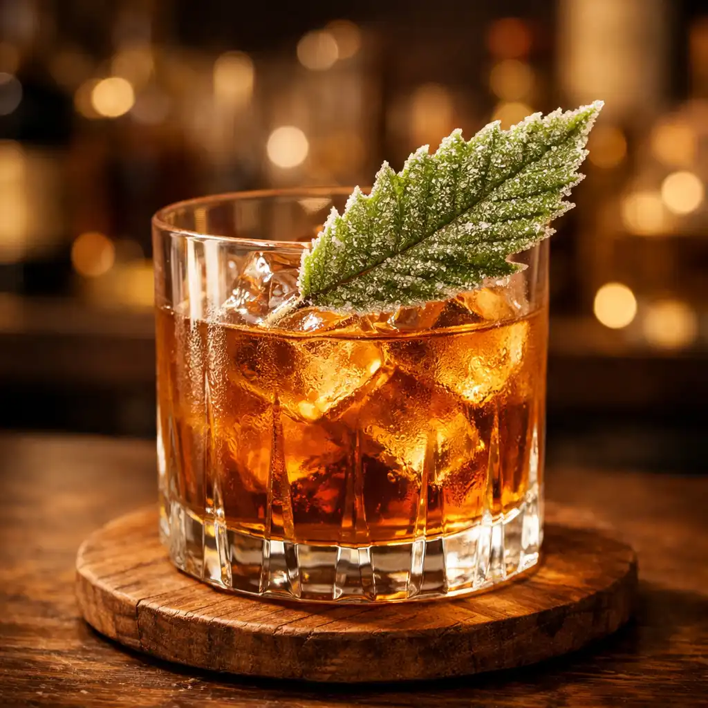 Cocktail Le Châtaignier dans un verre old fashioned avec une feuille de châtaignier cristallisée