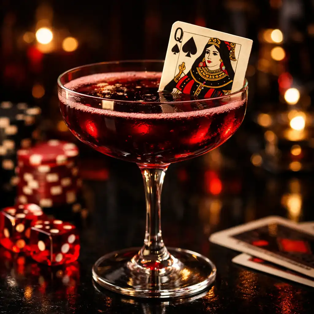 Cocktail La Dame de Pique dans une coupe avec une carte à jouer comestible