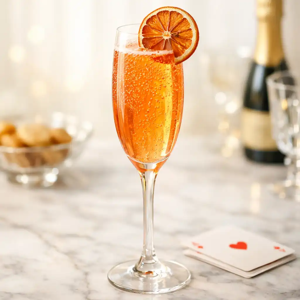 Cocktail Le Flush Royal dans une flûte à champagne avec une tranche d'orange séchée