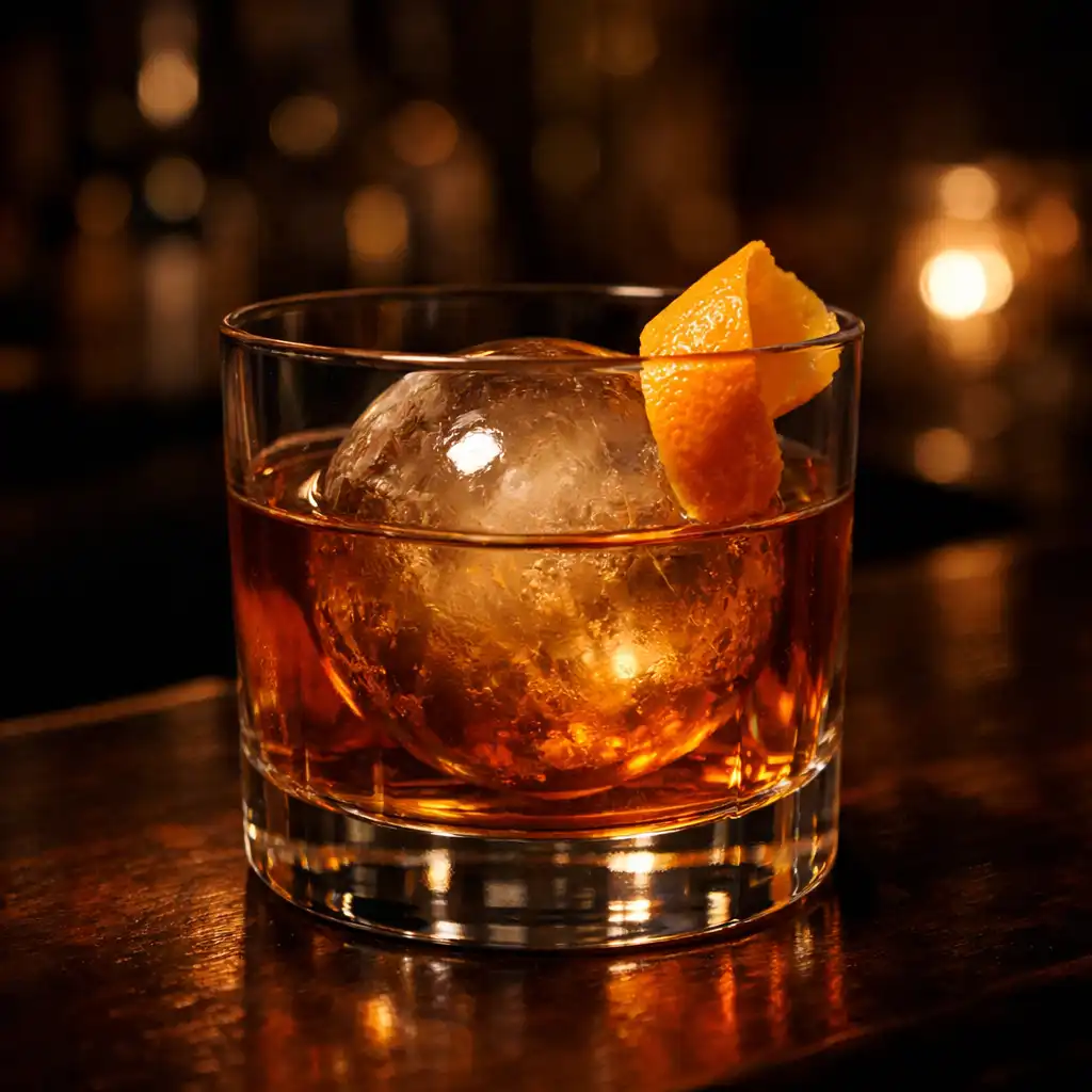 Cocktail ambré élégant dans un verre old fashioned avec grosse sphère de glace et zeste d'orange