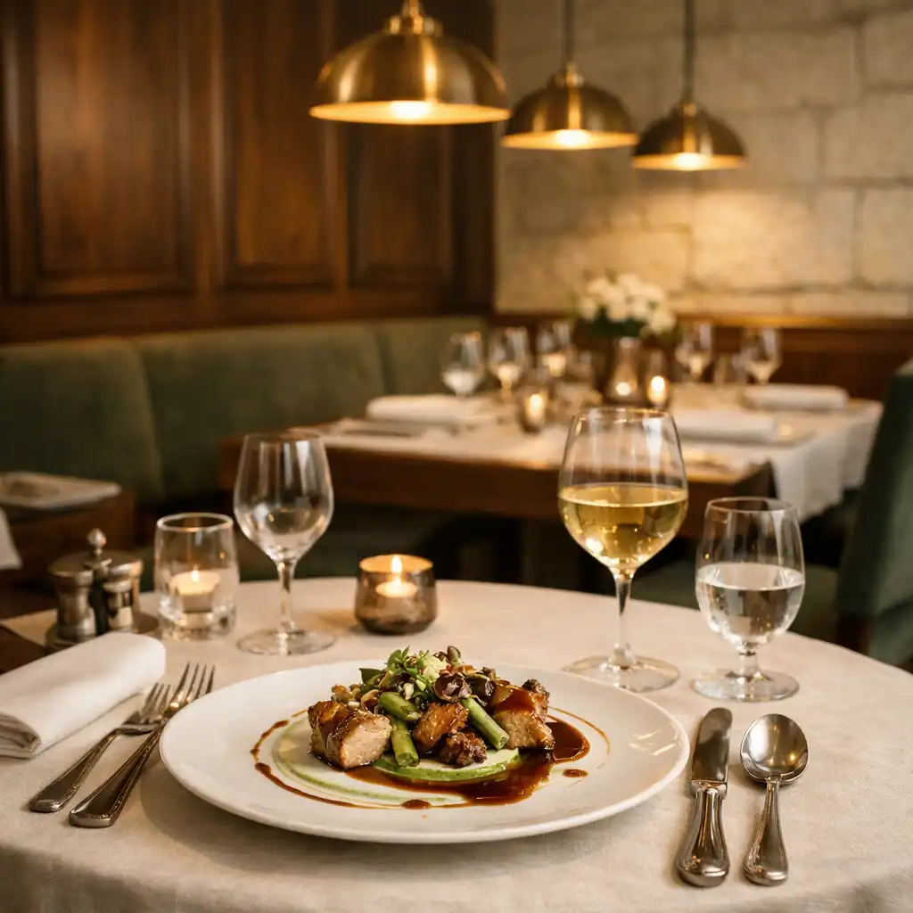 Table dressée avec élégance dans la salle du restaurant Salon Châtaigne, éclairage tamisé et plats raffinés