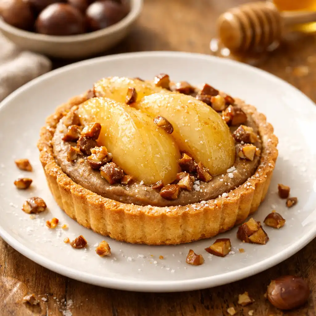 Tarte aux châtaignes et poire avec pâte sablée croustillante et crème de châtaigne onctueuse