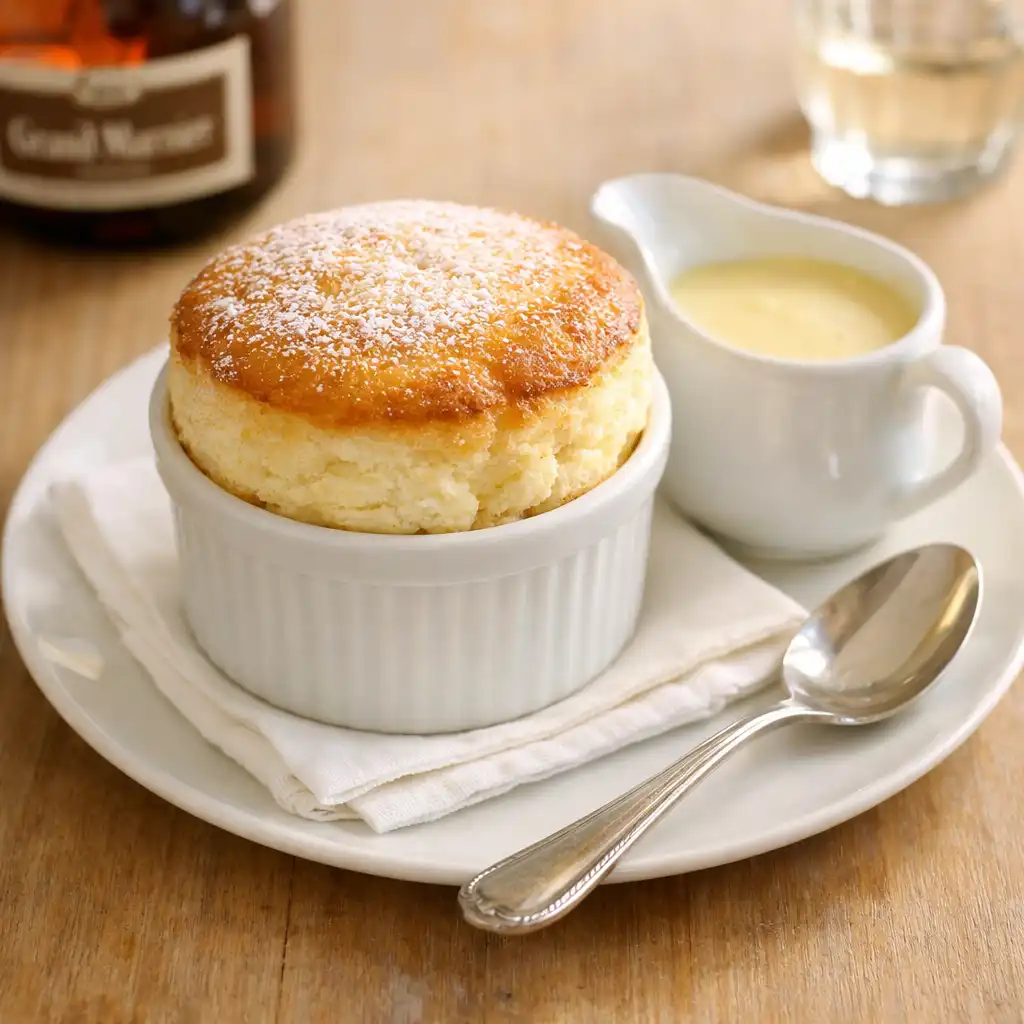 Soufflé au Grand Marnier aérien et doré servi avec une crème anglaise légère