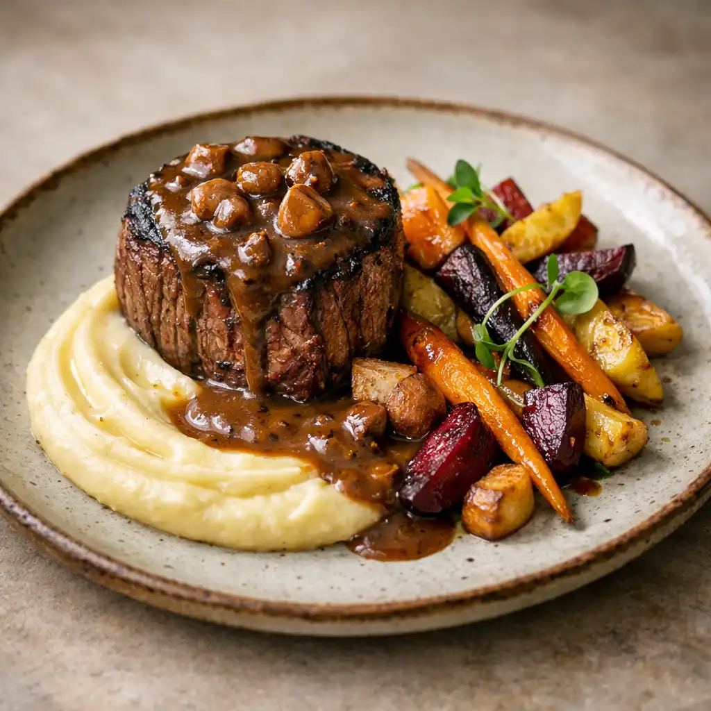 Filet de bœuf grillé nappé d'une sauce aux châtaignes, accompagné de légumes racines rôtis