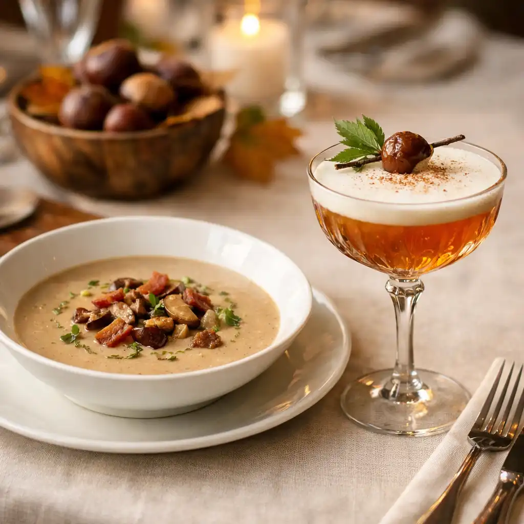 Accord mets-cocktail : un velouté de châtaignes présenté à côté du cocktail Le Châtaignier sur une table élégante