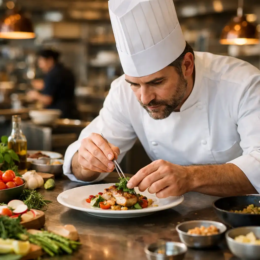 Chef cuisinier dressant un plat dans la cuisine ouverte de Salon Châtaigne