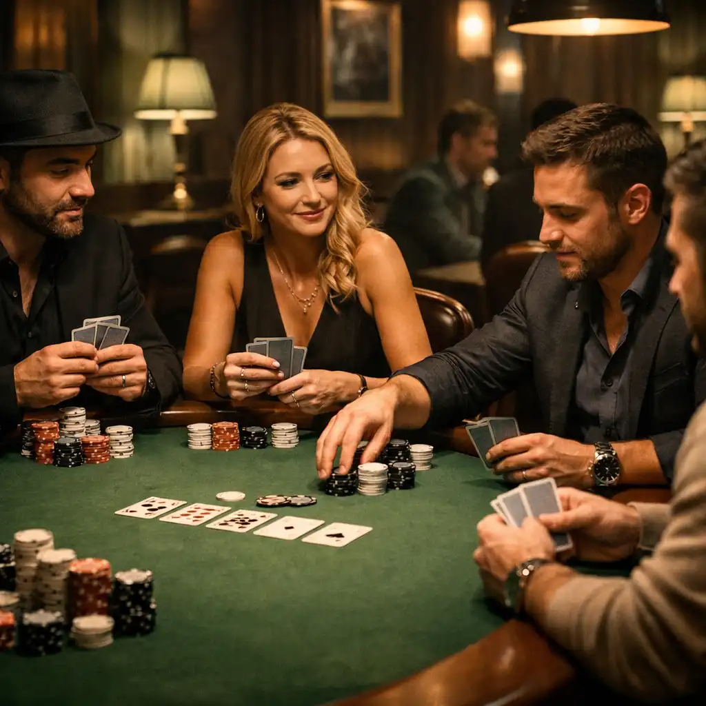 Joueurs de Texas Hold'em autour d'une table physique dans le Poker Lounge de Salon Châtaigne