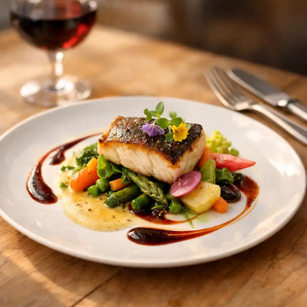 Assiette gastronomique élégante avec un plat de saison raffiné, posée sur une table en bois clair