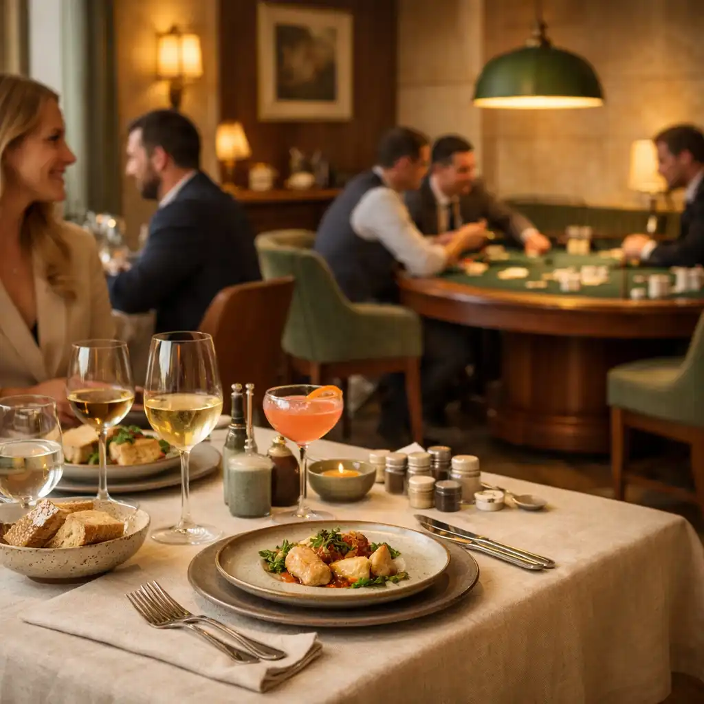 Restaurant élégant Salon Châtaigne avec table dressée et transition vers un Poker Lounge intime