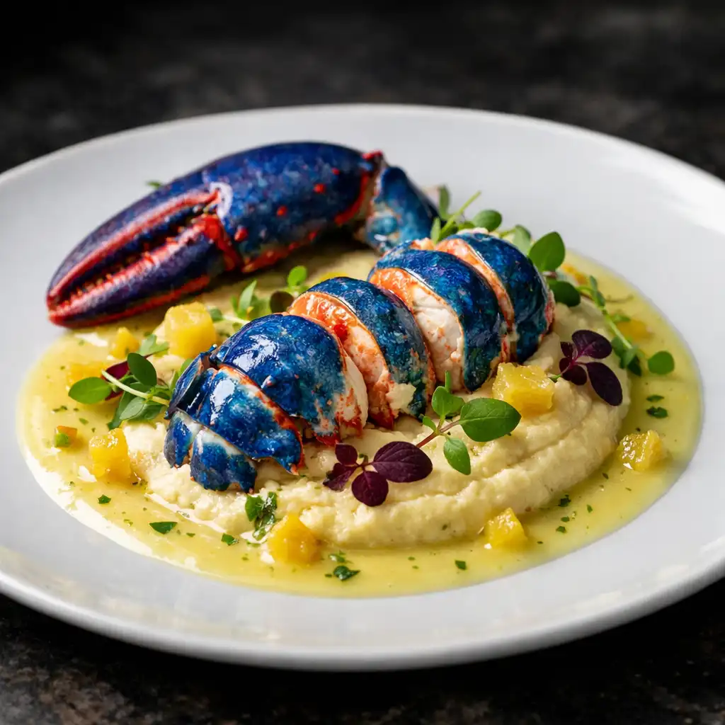 Homard bleu poché avec beurre blanc au citron confit et purée de céleri-rave