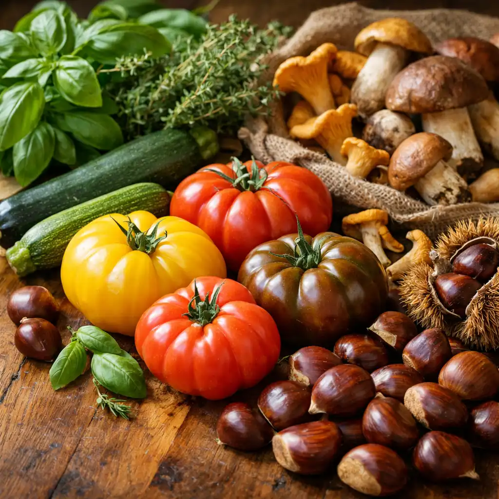 Produits frais de saison disposés artistiquement sur une table en bois : tomates anciennes, courgettes, herbes fraîches et châtaignes