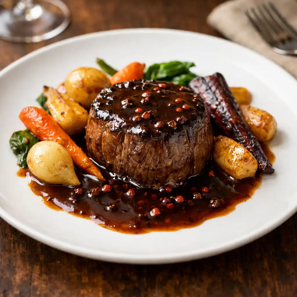 Filet de bœuf tendre, jus corsé au poivre de Sichuan et légumes racines glacés
