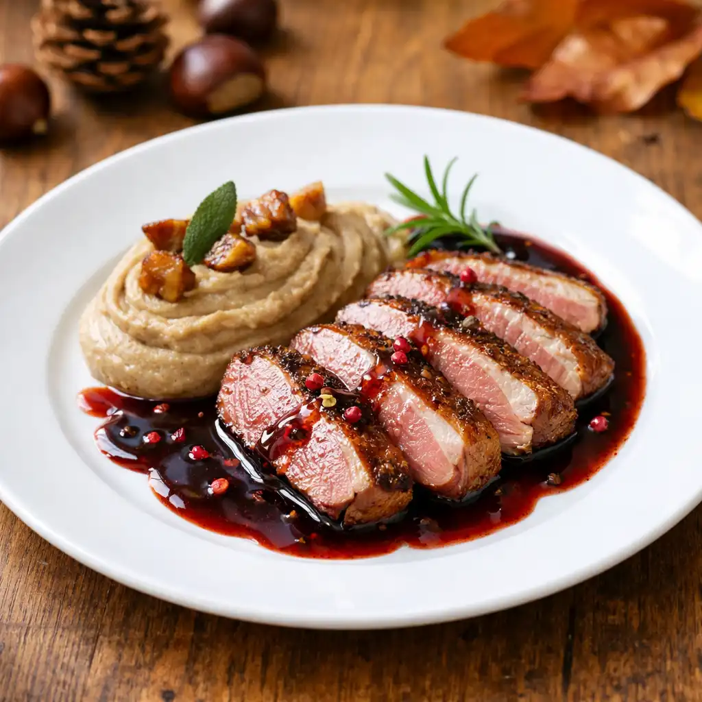 Magret de canard rôti, purée de châtaignes et réduction au vin rouge épicé
