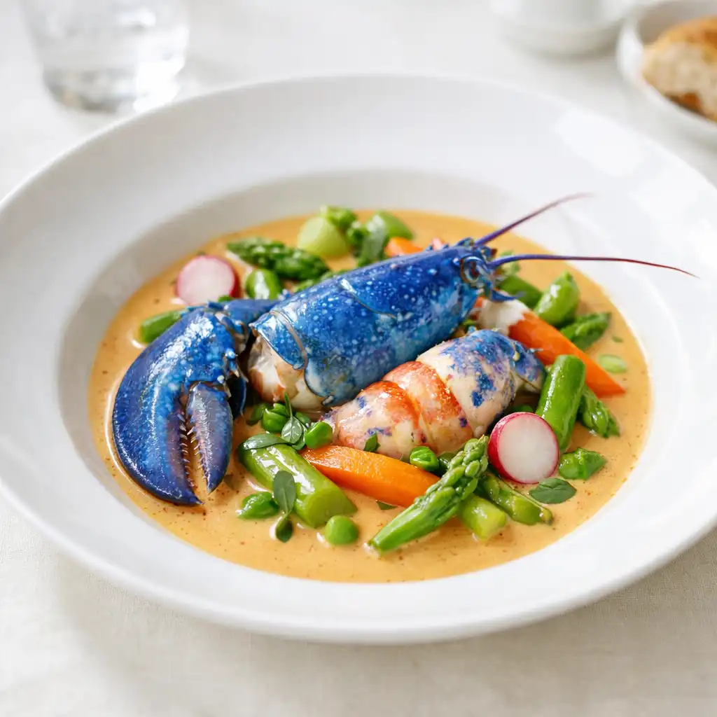 Homard bleu poché, bisque légère au cognac et légumes de printemps croquants