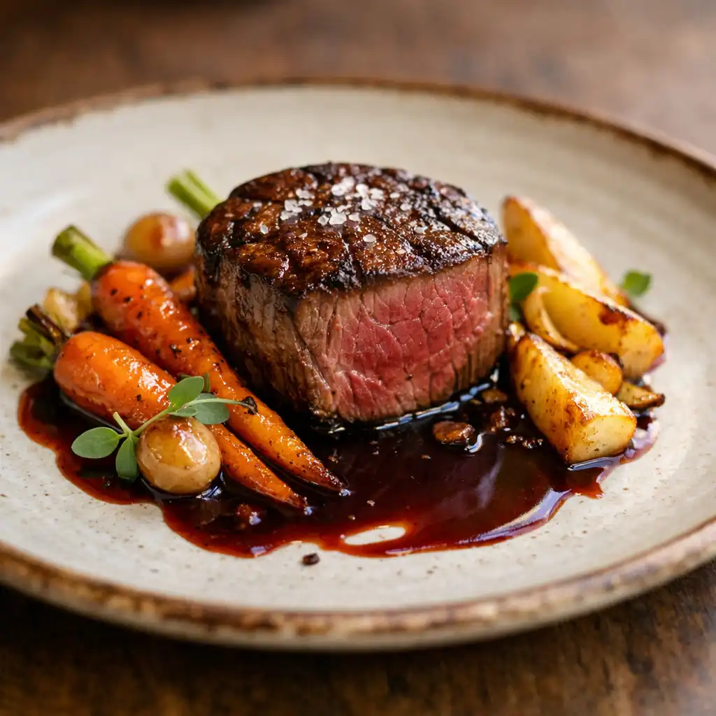 Filet de bœuf rôti avec jus au vin rouge et légumes racines rôtis
