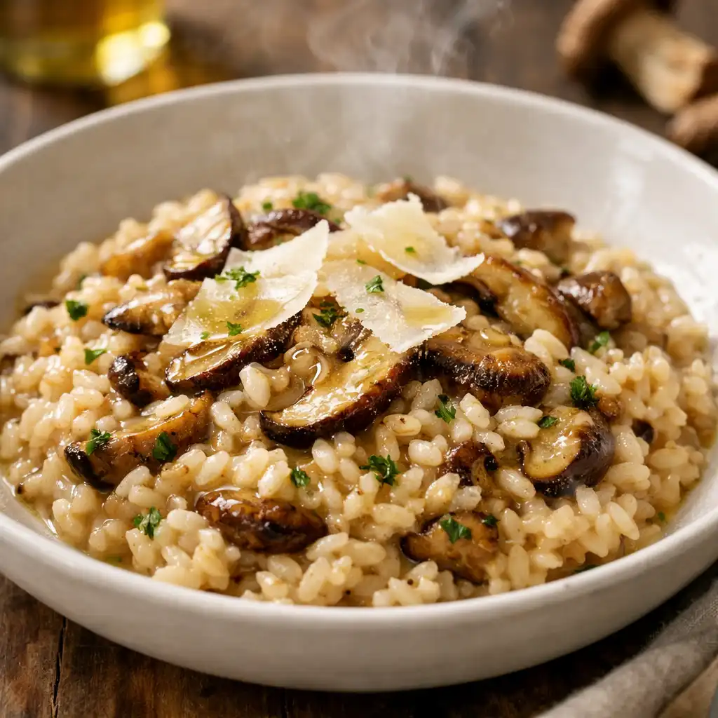 Risotto crémeux aux cèpes avec copeaux de parmesan et huile de truffe