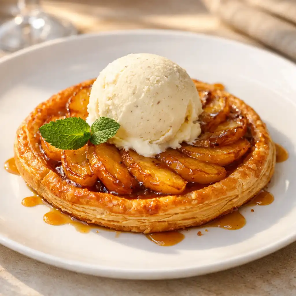 Tarte fine aux pommes caramélisées avec glace à la vanille de Madagascar
