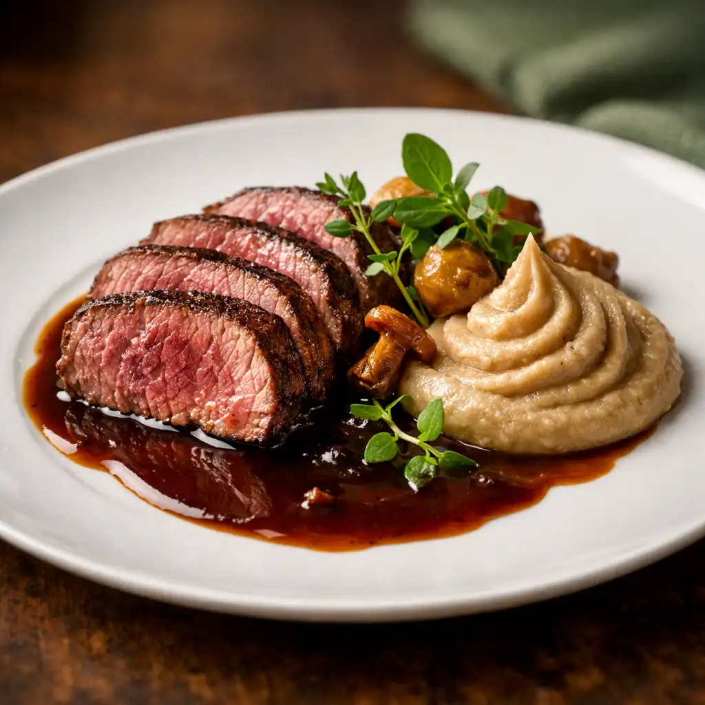 Filet de bœuf rôti tranché, purée de châtaignes et jus corsé, dressé avec élégance sur une assiette en porcelaine blanche