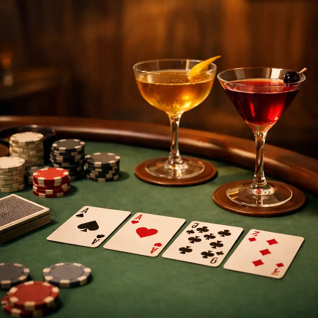 Table de poker en feutre vert avec des cocktails élégants posés à côté, ambiance feutrée