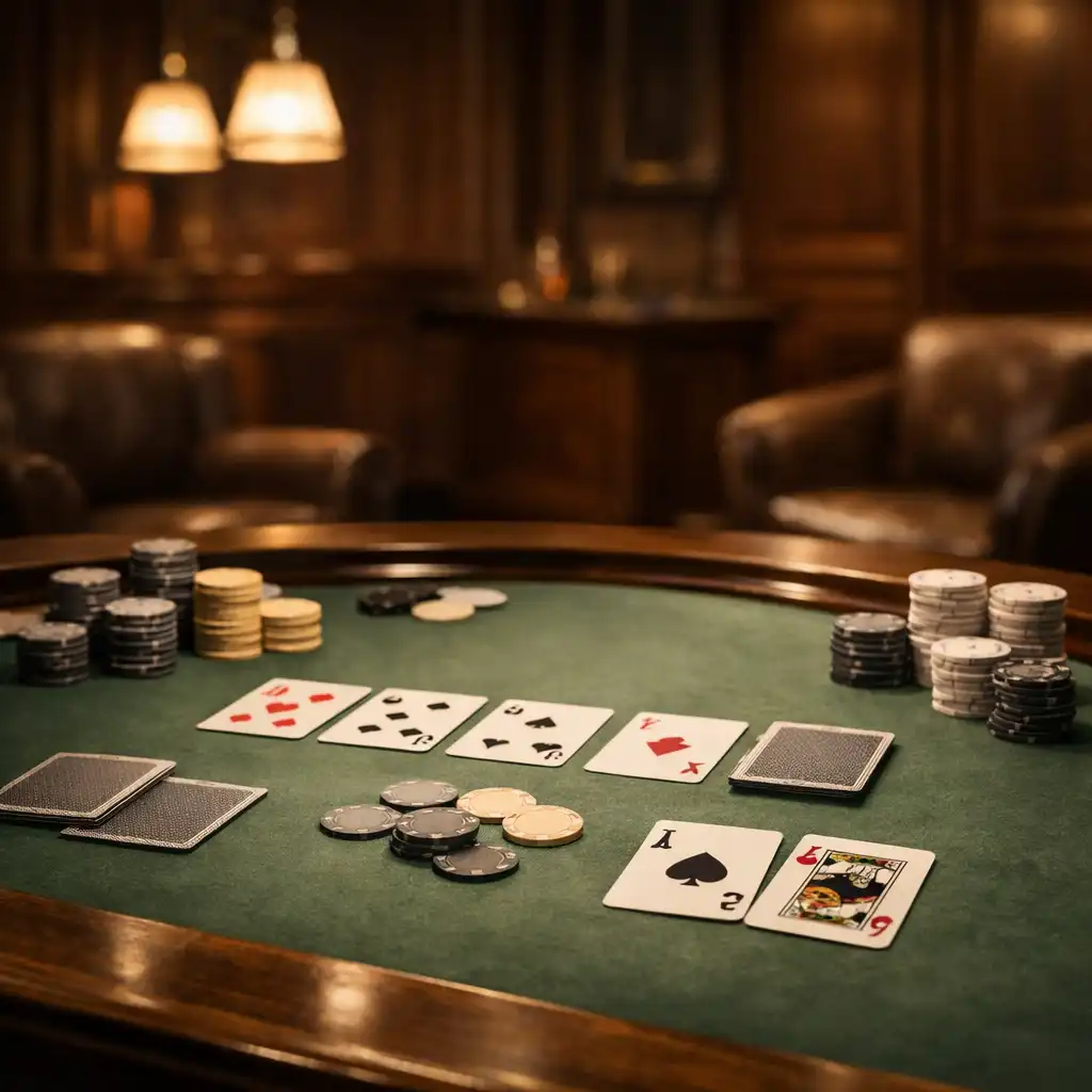 Table de poker élégante dans un salon raffiné avec cartes et jetons neutres