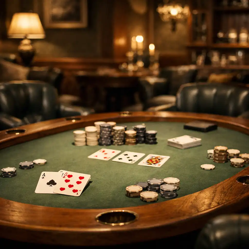 Poker Lounge du Salon Châtaigne avec table de poker, tapis vert sauge et fauteuils confortables