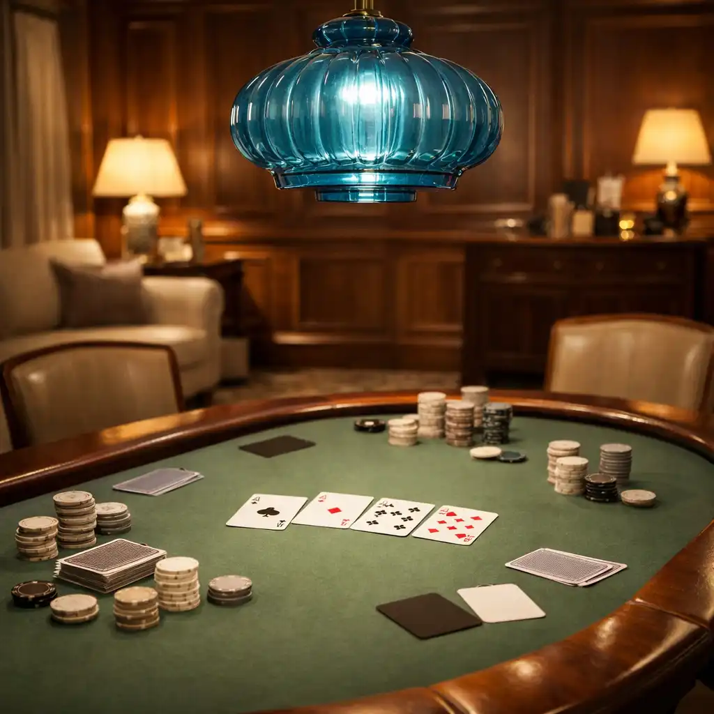 Table de poker en feutre vert sauge dans le Poker Lounge de Salon Châtaigne, éclairée par une suspension en verre bleu céruléen