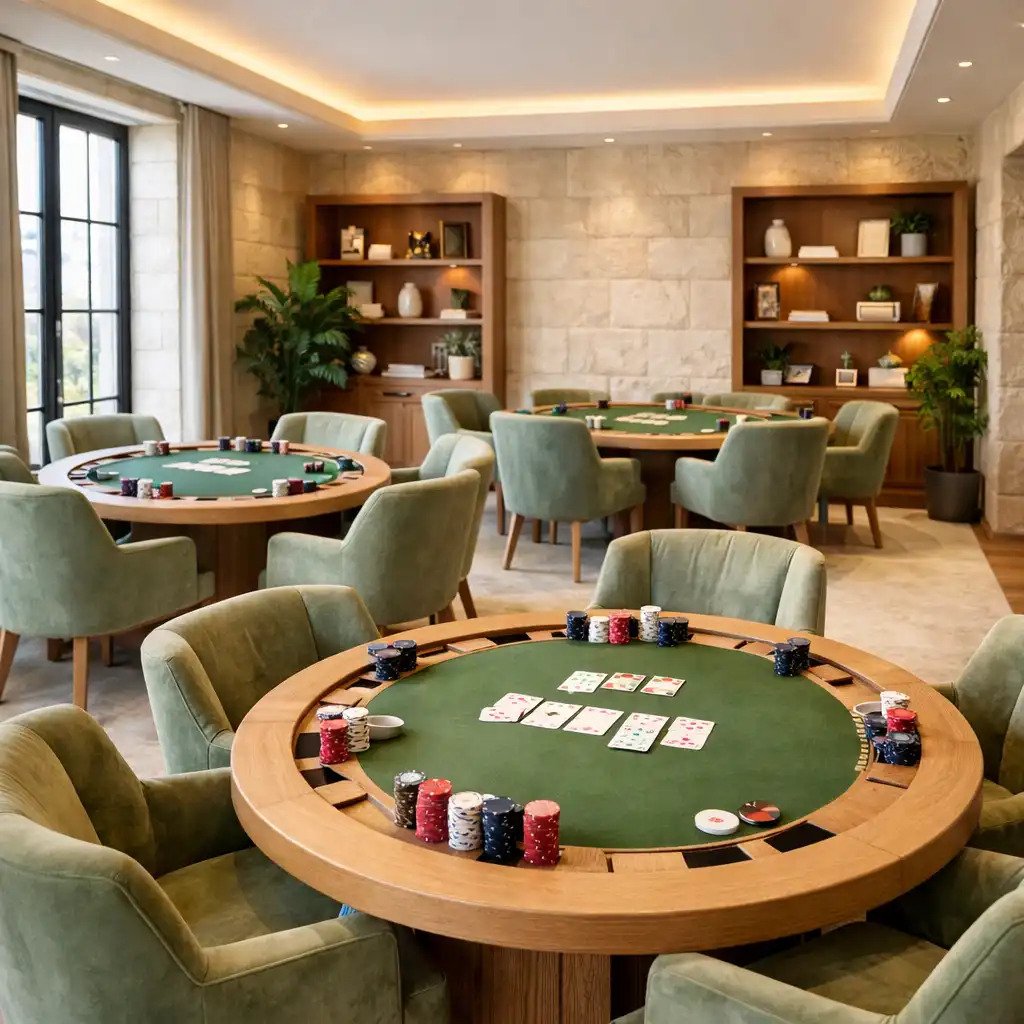 Intérieur du Poker Lounge avec tables de poker en bois clair, fauteuils en velours vert sauge et éclairage indirect