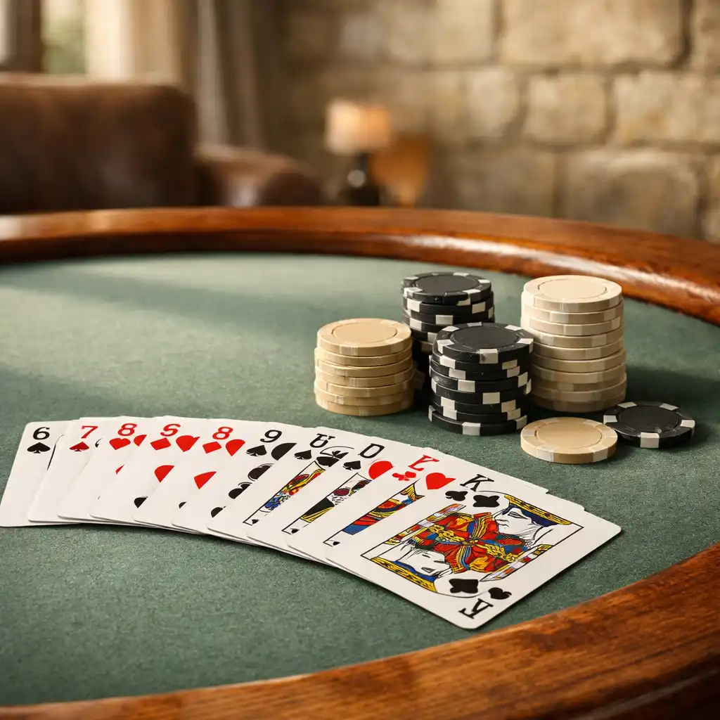 Gros plan sur une table de poker en bois de châtaignier avec feutre vert sauge, cartes en éventail et jetons neutres
