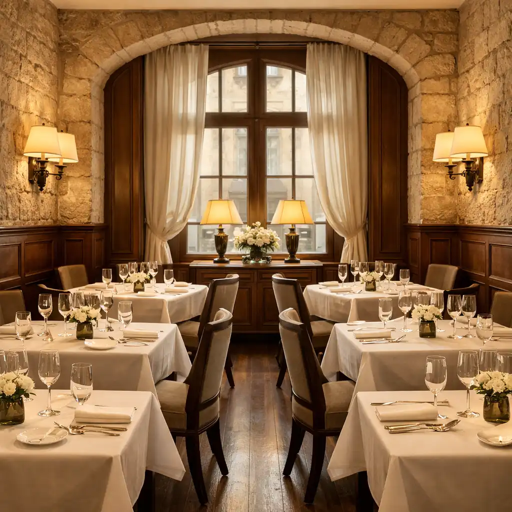 Intérieur du restaurant Salon Châtaigne avec pierre calcaire, bois de châtaignier et tables élégamment dressées