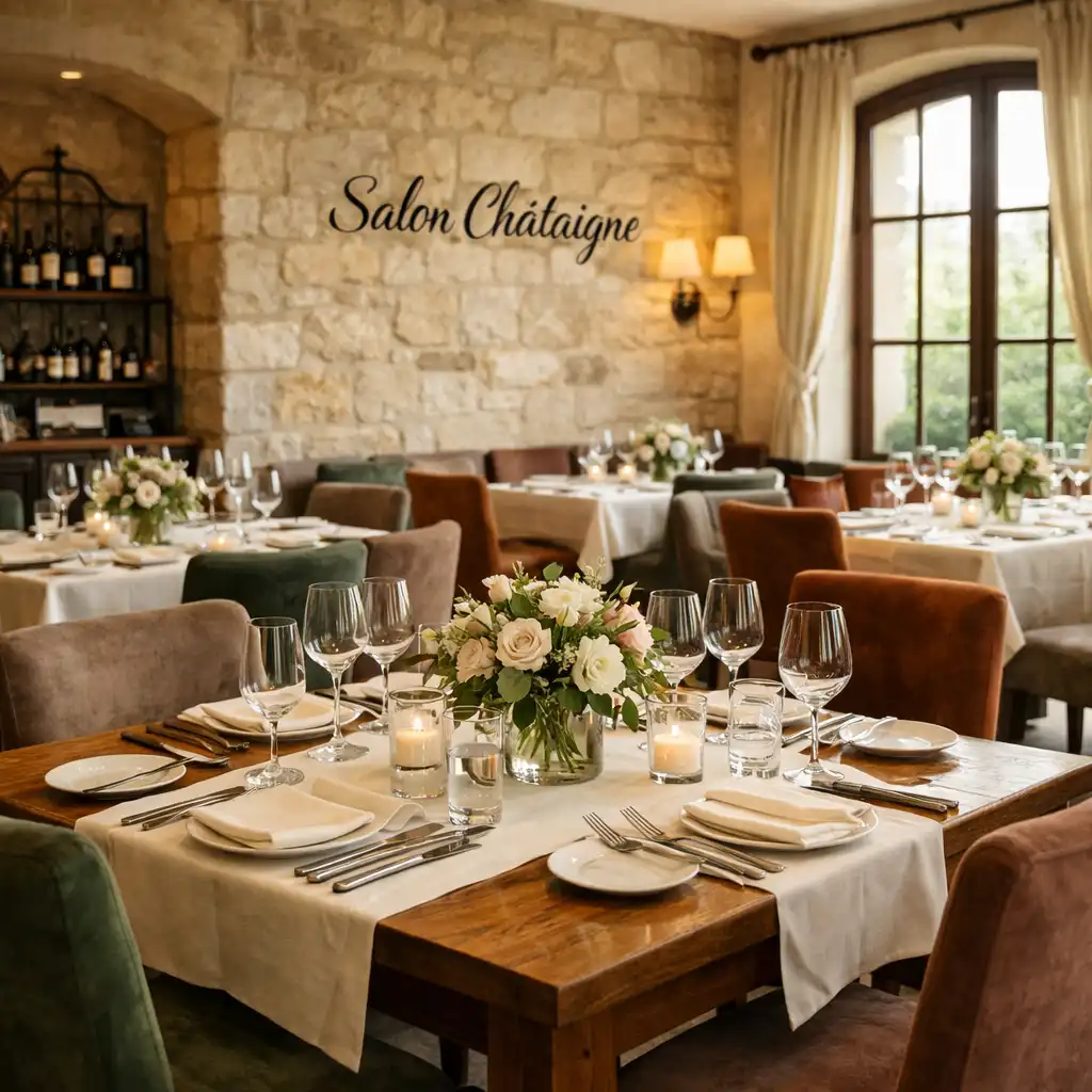 Salle de restaurant du Salon Châtaigne avec tables en bois de châtaignier et décoration en pierre calcaire