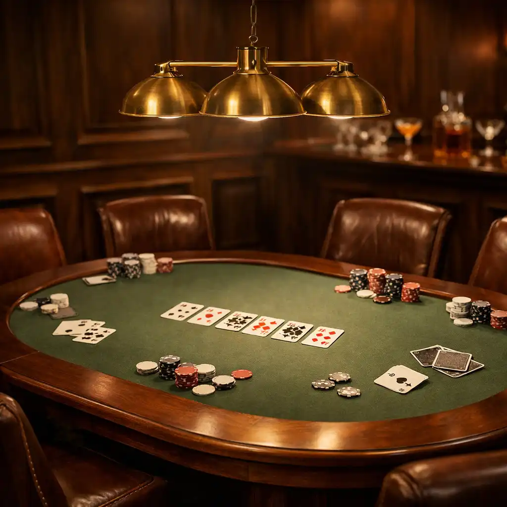 Table de poker ovale en bois sombre avec tapis vert sauge, éclairée par une suspension en laiton, dans une ambiance feutrée au Salon Châtaigne