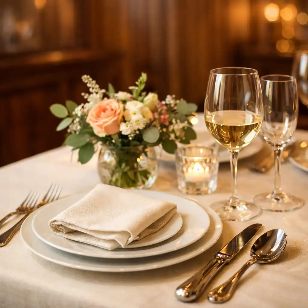 Table dressée avec élégance au Salon Châtaigne : porcelaine, couverts en argent et verres à pied