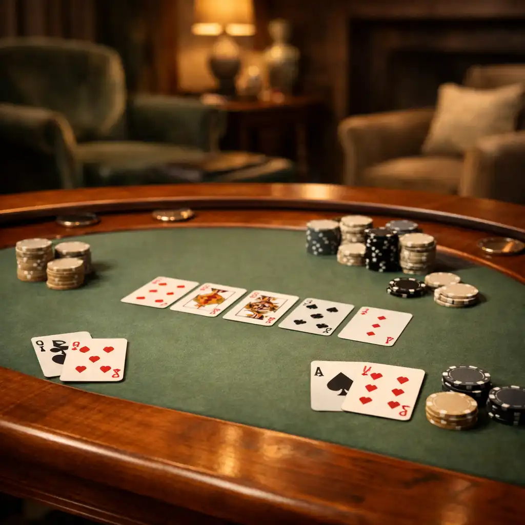 Table de poker professionnelle en bois de châtaignier avec tapis vert sauge, cartes et jetons neutres
