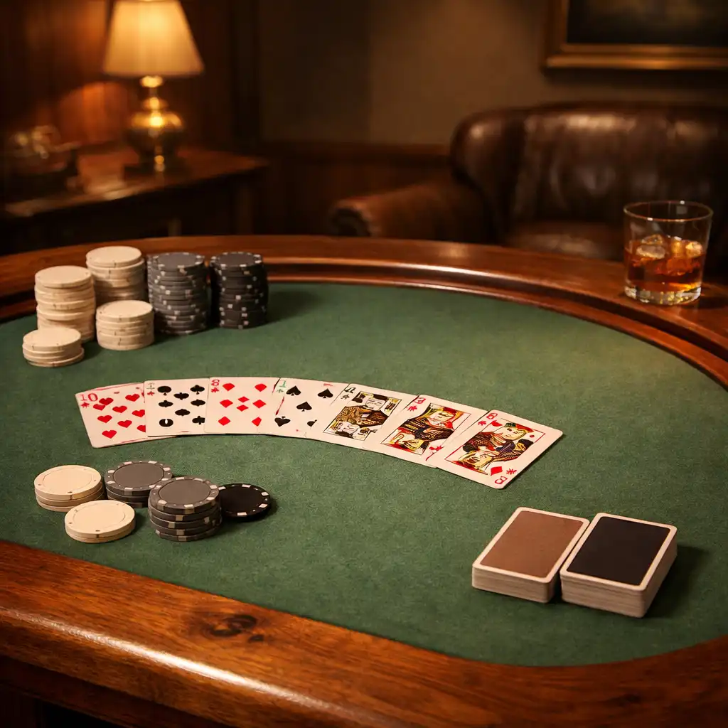 Table de poker en bois de châtaignier avec tapis vert sauge, cartes et jetons neutres dans une ambiance tamisée