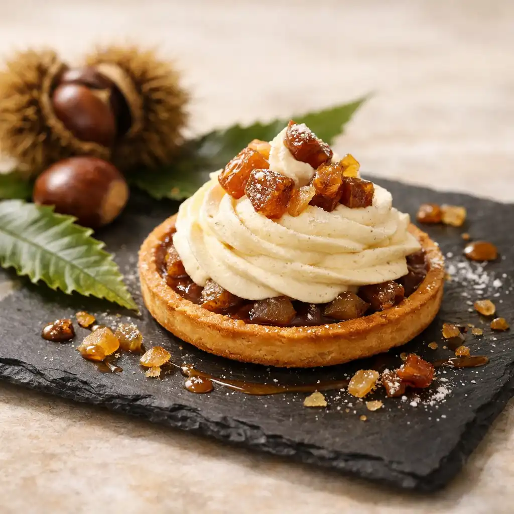 Tarte fine aux châtaignes avec crème légère à la vanille et éclats de marrons glacés